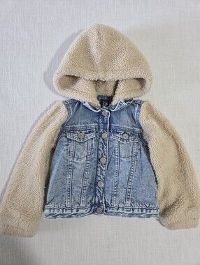 Baby GAP Beige Sherpa-Sleeve Hooded Denim Jacket 3t